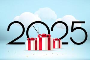 Happy new 2025 year greeting card. Composition with digits, clock pines and gift boxes. 3d vector
