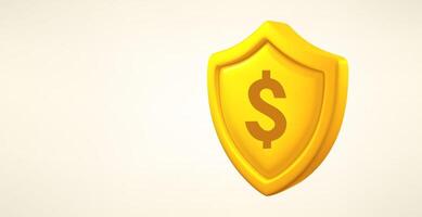 Yellow shield with dollar sign isolated on white background. 3d banner with copy space vector