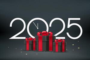 Happy new 2025 year greeting card. Composition with digits, clock pines and gift boxes. 3d vector