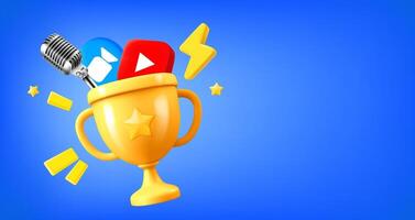 Game achievement concept with gold cup with media icons. 3d banner with copy space vector