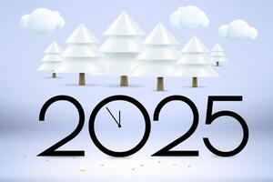 Happy new 2025 year greeting card. Composition with digits, clock and pines with snow. 3d banner vector