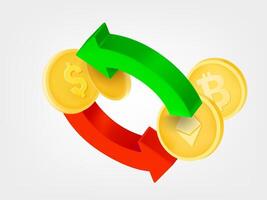 Two arrows in the circle with coins and cryptocurrency. Money exchange concept. 3d icons isolated on white background vector