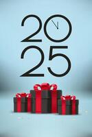 Happy new 2025 year greeting card. Composition with digits and gift boxes. 3d vector