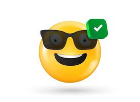 Smiling face with checkmark icon. 3d object isolated on white background vector