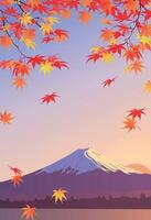 Autumn branches on the background of Mount Fuji. Mid-autumn is the time of leaf fall. The red leaves of the Japanese maple fall off, fluttering in the wind. illustration. vector