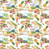 Seamless pattern with Mauritius landmarks in flat style. sugar cane, Mount Peter, Dodo bird, Trochezia budoniana flowers, pineapple, falooda, millionaire salad, Sega music instruments vector
