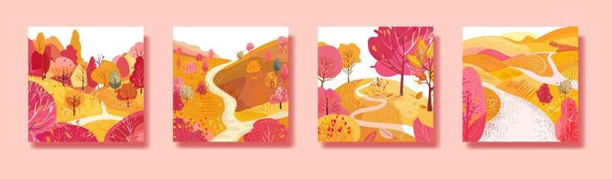 Set of 4 square posters with autumn landscape Hand drawn. vector