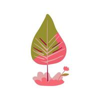 Hand drawn tree with pink and coral branches and a flower, with green grass. Simple design. Flat illustration. Icon vector