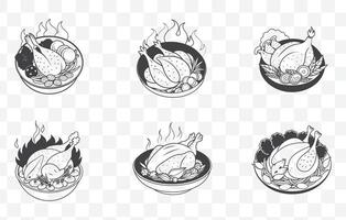 Print Gai Yang Grilled Chicken Art Set Detailed Illustration of Thai Barbecue Chicken in Various Poses vector
