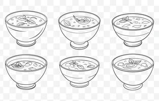 Print Tom Kha Gai Soup Line Art Set of Traditional Thai Coconut Soup with Chicken and Aromatic Herbs vector