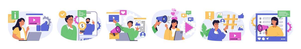 Social media concept set in flat design for web. Collection with people watching videos and likes, follow live broadcasting, creating and sharing posts with photo and information. illustration. vector