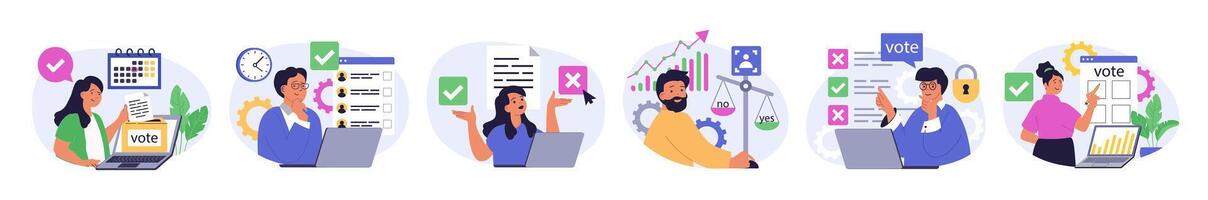 Online voting concept set in flat design for web. Collection with people making choosing in political vote online, analyzing politics rating and exit polls, making decisions. illustration. vector
