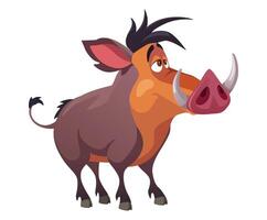 A cartoon warthog flat illustration isolated on white background A fun and captivating depiction of a cartoon warthog characterized by its tusks its brown fur and a playful expression vector