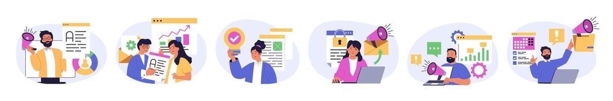 Marketing and development concept set in flat design for web. Collection with people analyzing data and statistics, creating promotion strategy, starting advertising campaigns. illustration. vector