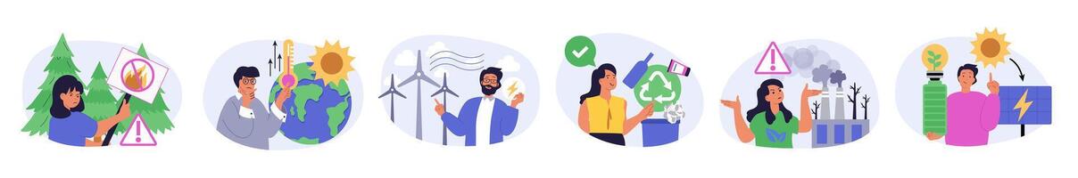 Ecology concept set in flat design for web. Collection with people stop forest fires, climate changes with global warming, using alternative energy, sorting waste for recycling. illustration. vector
