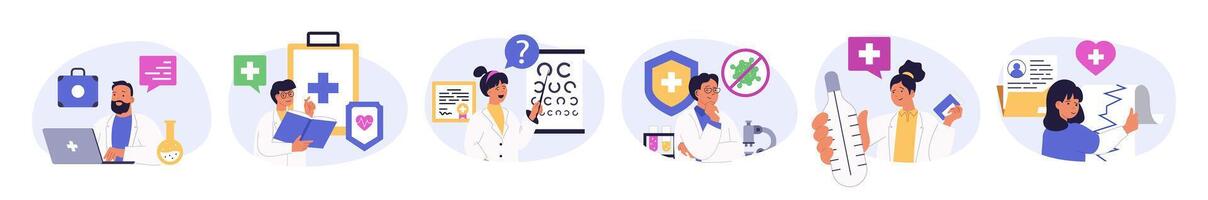 Medical services concept set in flat design for web. Collection with people making tests in lab, diagnosis patients and prescribing treatment, research viruses, checking eyesight. illustration. vector