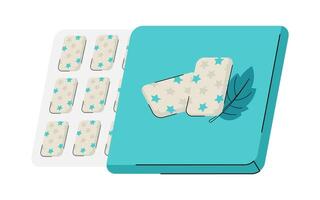 Pack of chewing gums with star pattern and leaf illustration on turquoise background flat illustration. Chewing gums are arranged in a blister pack vector