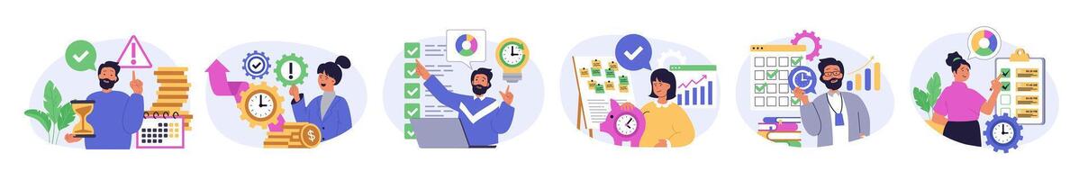 Time management concept set in flat design for web. Collection with people managing daily schedule with calendar, planning tasks in checklists, making work efficiency to deadline. illustration. vector