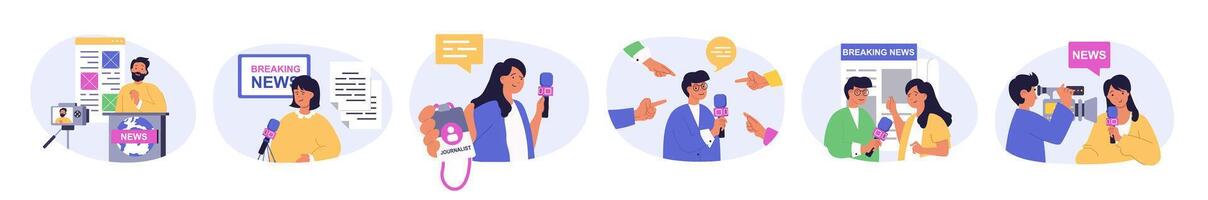 Journalism concept set in flat design for web. Collection with people talk breaking news in tv show studio, take interview or comments with journalist id, making reportages. illustration. vector