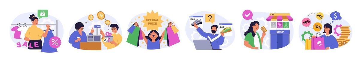 Shopping concept set in flat design for web. Collection with people choosing new clothes in store showroom, making purchases and paying at checkout, getting discount coupons. illustration. vector
