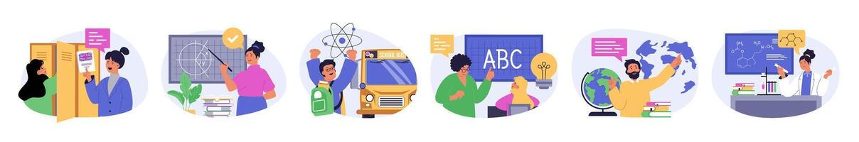 School learning concept set in flat design for web. Collection with people studying and teaching, classmates reading books, hurry to bus, answering at lessons and seminars. illustration. vector