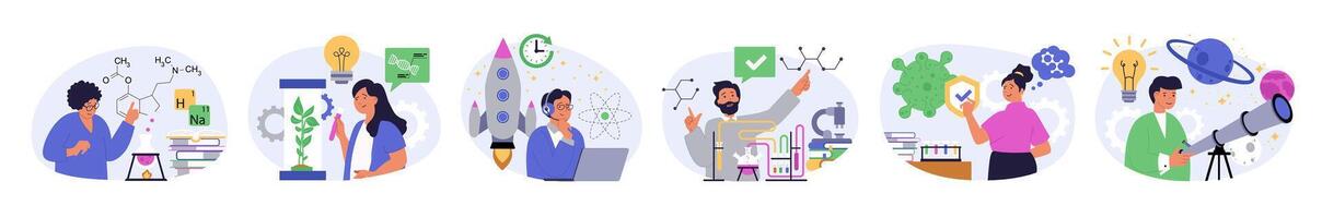 Science lab concept set in flat design for web. Collection with people making chemical research in flask, learning plants or viruses, working at astronomy engineering programs. illustration. vector