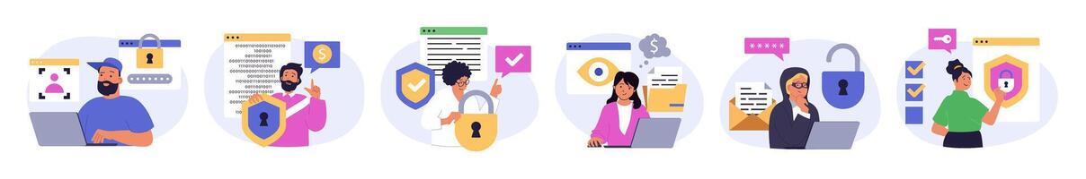 Cyber security concept set in flat design for web. Collection with people using protection system with identify scans, protecting online personal information with firewal shield. illustration. vector
