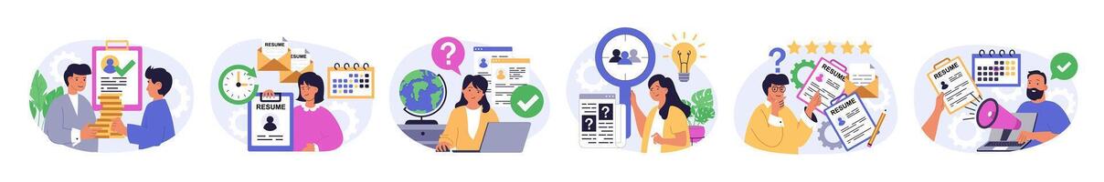 Recruitment concept set in flat design for web. Collection with people finding staff in office, serching best cv online, finding and interviewing candidates, hiring employees. illustration. vector