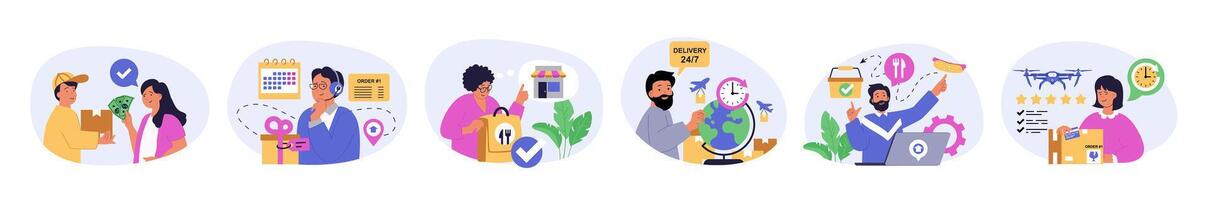 Delivery concept set in flat design for web. Collection with people getting parcel from courier, ordering shipping gifts and logistic logistics, using food delivering service. illustration. vector
