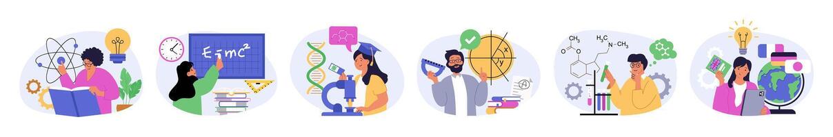 Education concept set in flat design for web. Collection with people learning science, reading books, brainstorming and getting knowledge, making tests with microscope in lab. illustration. vector