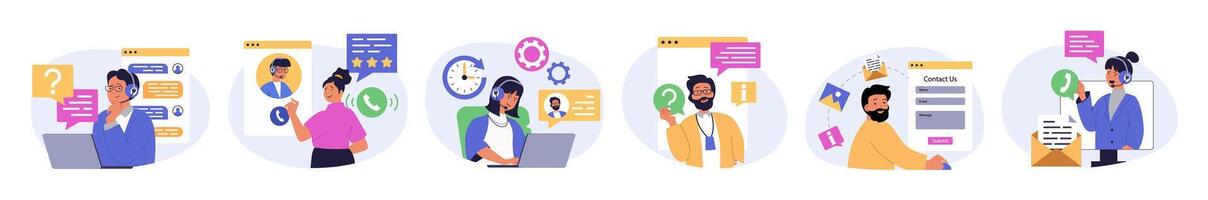 Contact us concept set in flat design for web. Collection with people answering calls, chatting with clients, gives info and advices, supporting and solving customer problems. illustration. vector
