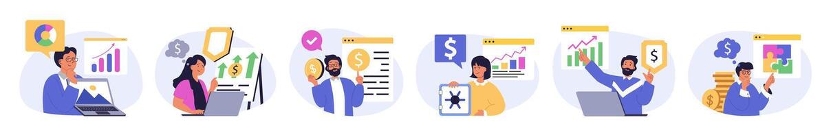 Business concept set in flat design for web. Collection with people brainstorming, making data charts analysis, managing processes, creating strategy, achieving financial goals. illustration. vector