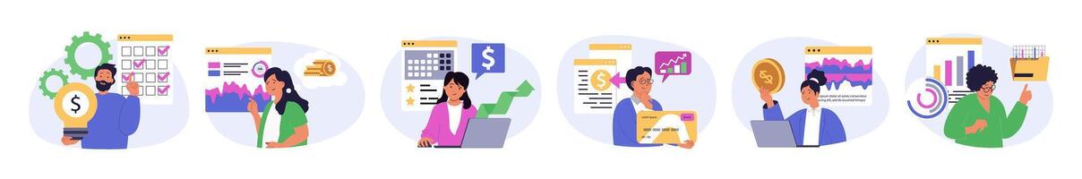 Digital business concept set in flat design for web. Collection with people create content plan, analyzing data, using marketing tools for increasing profits, attracting clients. illustration. vector