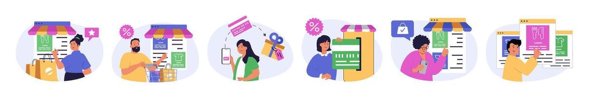 Mobile commerce concept set in flat design for web. Collection with people making purchases using apps, paying online with credit cards and gets gifts, ordering products to home. illustration. vector