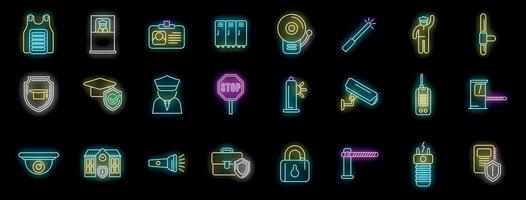 Security guard protecting providing safety service neon icon set vector