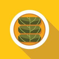 Three stuffed grape leaves dolma on a plate with long shadow on yellow background vector