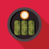 Dolmades with yogurt sauce on a round plate with a long shadow vector