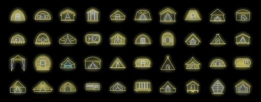 Set of camping tent and shelter neon icons showing different types of accommodation vector