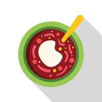 Green bowl of borscht with sour cream and spoon on white background vector