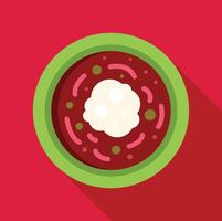 Green bowl with borscht and sour cream on red background vector