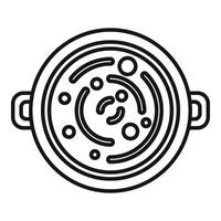 Round pot with handles containing food being cooked top view line art icon vector