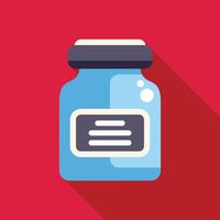 Blue glass medical jar with blank label casting shadow on red background vector