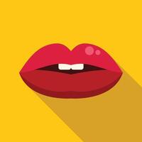 Red lips showing white teeth biting lower lip on yellow background vector