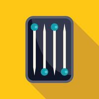 Set of four pins with round blue heads in box for sewing or needlework in flat style with long shadow on yellow background vector