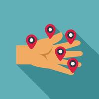 Hand holding multiple location pins showing different destinations vector