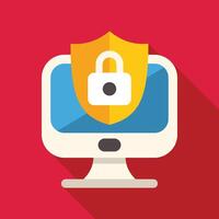Computer being protected with shield and lock security vector