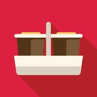 Two disposable coffee cups in cardboard holder lying on red background vector