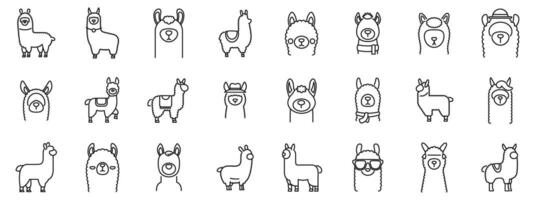 Alpaca icons set. Set of llama icons showing the animals wearing clothes and hats and posing in different ways vector