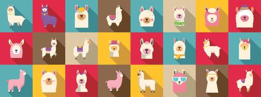 Alpaca icons set. Set of twenty four isolated llama icons on a colorful background vector