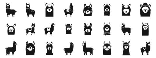 Alpaca icons set. Funny llama posing in different clothes and accessories icon set vector